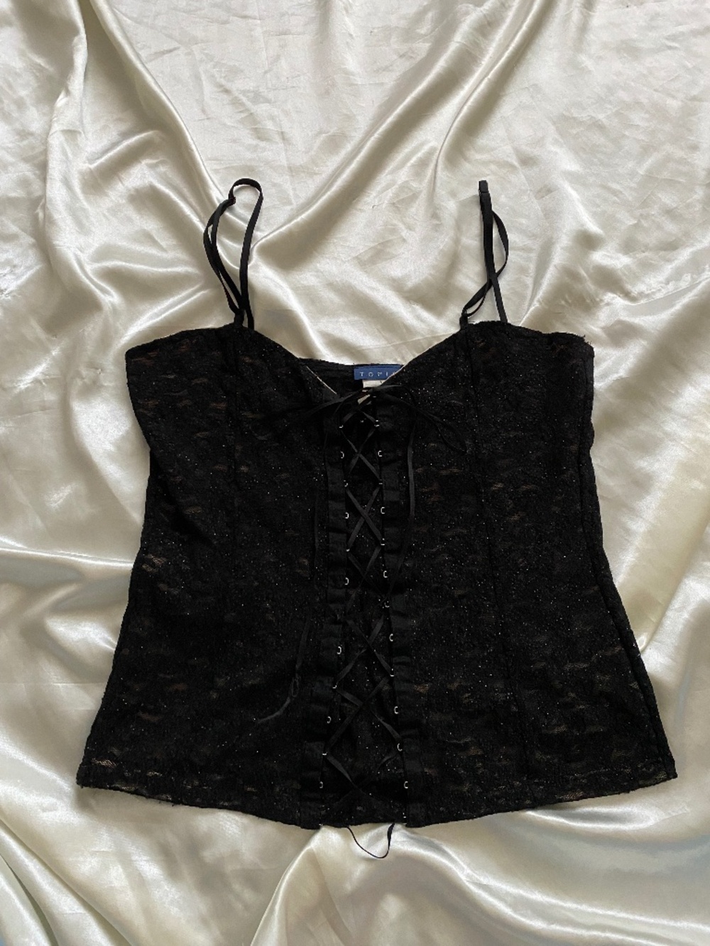 Vintage 1990s Black Lace Up Sparkle Corset Tank Top Fairy Whimsygoth Large